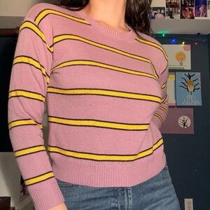 SHEIN Pink and Yellow Striped Crew Neck Sweater